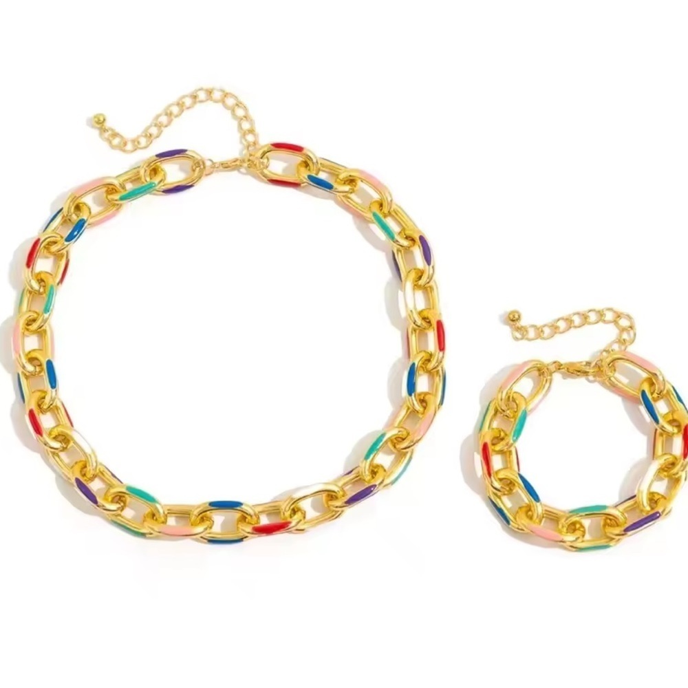 Colorful Gold Chain Necklace and Bracelet Set - Picture 2 of 16